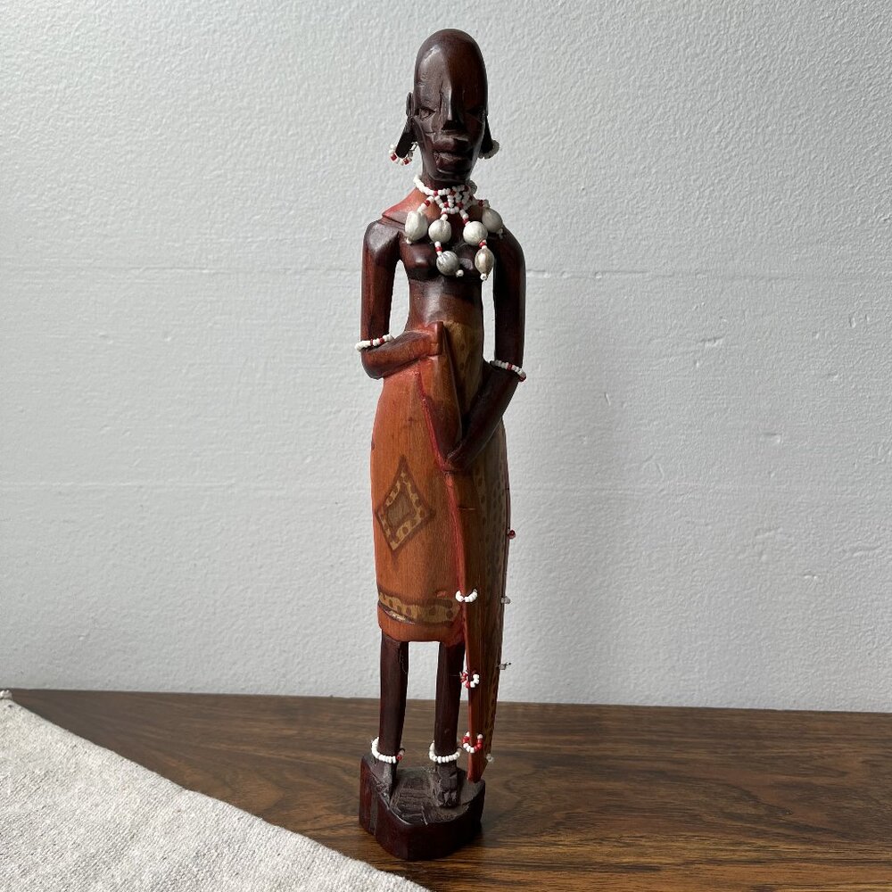 Maasai Tribe African Woman Wood Carving Figure Sculpture 12" Tall